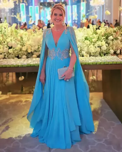 Bue Mother Of The Bride / Groom Dresses with cape v neck Wedding Guest Dress