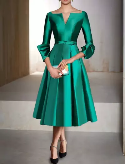 Elegant Short Green Satin Mother of the Bride Dress A-Line V-Neck Pleats Godmother Dresses Formal Party Gown Pleats