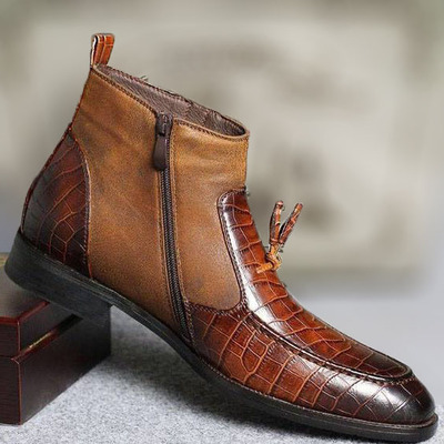 NEW Handmade Brown Tan Crocodile Texture Chelsea Boots, Crock Texture Genuine le