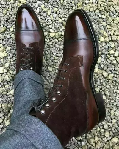 New Men's Handmade Two Tone Brown Suede & Leather Ankle High Cap Toe Men Boots