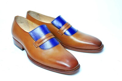 Crafted Leather Mens Classic Handmade Blue Tan Leather Loafers Dress Shoes
