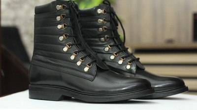 Ankle High Handmade Black Genuine Leather Boot, Lace Up Boot For Men's
