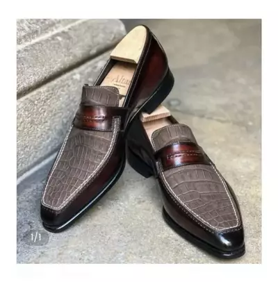 Custom Handmade Men's leather formal Crocodile Texture Slip on leather shoes