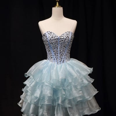 Blue tulle crystal short party dress, a-line strapless evening party dress - Thumbnail 1
