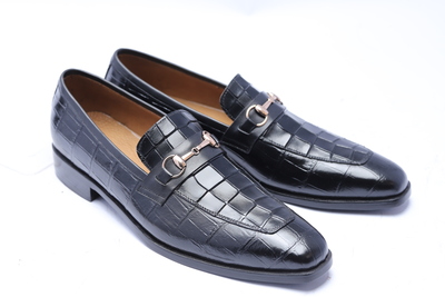 Crafted Leather Classic Black Leather Crocodile/Alligator Moccasin Loafers Dress Shoes