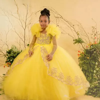 Yellow Flower Girl Dresses Girls Birthday Party Dress Long Cap Sleeves Tiered Tulle Lace Queen Princess Gowns for African Black Little Girls