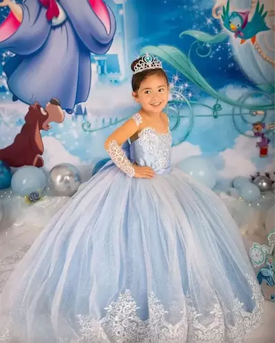 Princess Blue Flower Girl Dresses With Big Bow Sash A Line Crew Neck Sheer Long Sleeves Appliques Sequins Long Toddler Teens Pageant Party Gowns