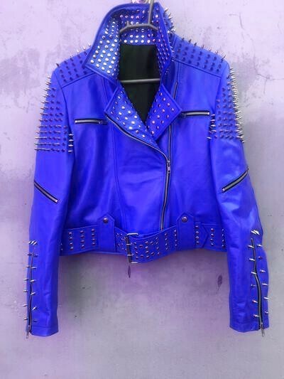 Crafted Leather Blue Punk Silver Spiked Studded Leather Brando Style Jacket
