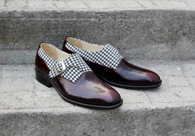 Crafted Leather Unique and Classic Houndstooth Fabric & Patina Monk Strap Dress Shoes