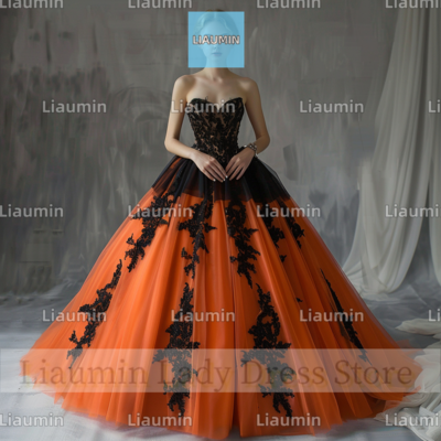 Orange and Black Lace Applique Strapless Full Length Tull Prom Dress Evening Dress Custom Hand Made A4-10.2