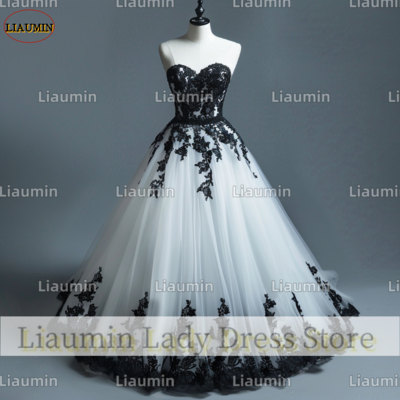 White Tulle and Black Lace Applique Strapless Full Length Tull Prom Dress Evening Dress Custom Hand Made A4-12.7