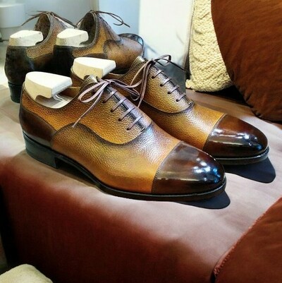 Handmade mens brown leather cow skin handmade cap toe dress lace up shoes