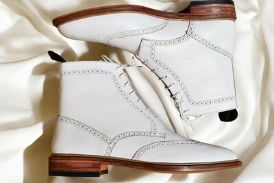 Classic Men's Handmade White Cow Leather Ankle High Lace Up Boot