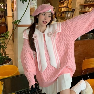 Pink Navy Collar Knitted Sweater With Flower Detail