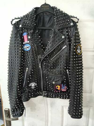 Crafted Leather Men Classic Silver Studded Patches Punk Rock Black Leather Jacket