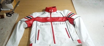 Crafted Leather Men Stylish Cafe Racer Black and Red Stripe Distressed White Genuine Leather Motorcycle Jacket