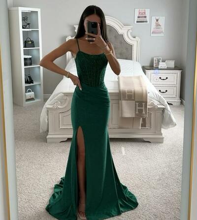 Mermaid Dark Green Sequins Split Evening Dresses for Special Occasions