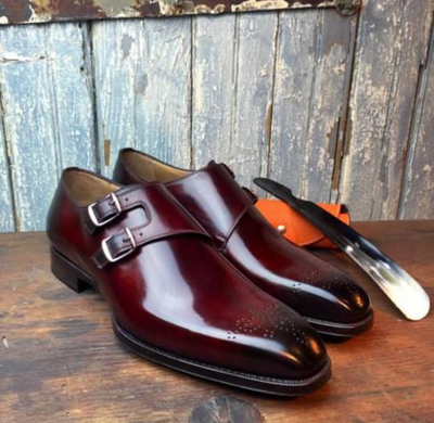 New Hand Stitch Burgundy Double Monk Strap Leather Men's Shoes