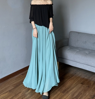 BLUE Beach Skirt Outfit, Full Long Chiffon Skirt , Summer Wedding Maxi Chiffon Skirt Outfit Plus Size