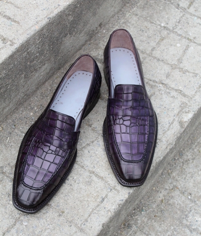Crafted Leather Classic Purple Crocodile/Alligator Moccasin Loafers Dress Shoes