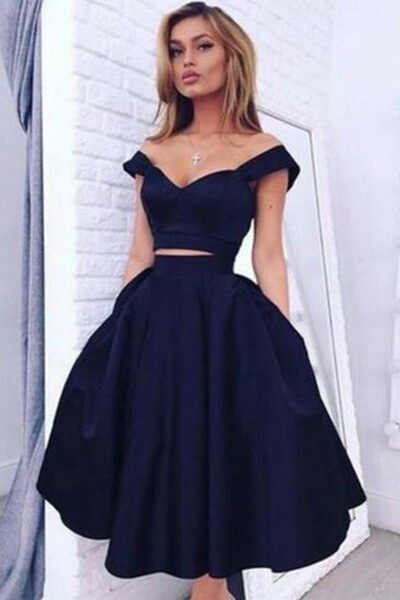 A-line Off-the-Shoulder Satin Homecoming Dress Short Prom Dress with Pockets