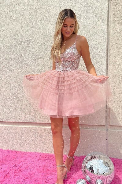 A Line V Neck Pink Tulle Homecoming Dress Short Prom Dress with Beading