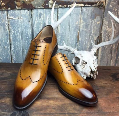 Christmas Men's Handmade Two Tone Genuine Leather Wingtip Style Lace Up Shoes