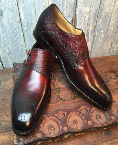 Classic Men's Handmade Burgundy Black Shoes, Genuine Leather Double Monk Strap Shoes