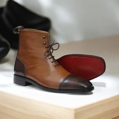 Ankle High Men's Two Tone Brown Cap Toe Handmade Genuine Leather Boot