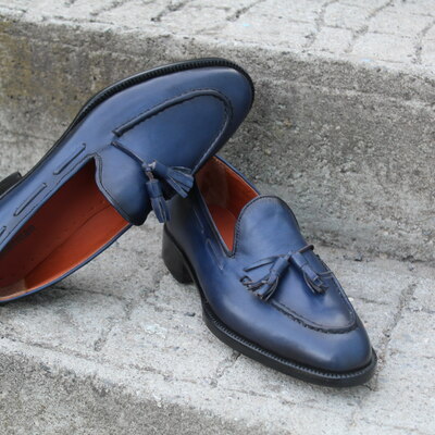 Crafted leather classic blue leather tassel loafers dress shoes - Thumbnail 1