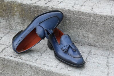 Crafted Leather Classic Blue Leather Tassel Loafers Dress Shoes
