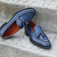 Crafted Leather Classic Blue Leather Tassel Loafers Dress Shoes - Thumbnail 1