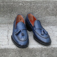 Crafted Leather Classic Blue Leather Tassel Loafers Dress Shoes - Thumbnail 3