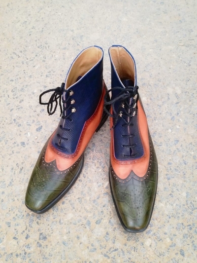 Leather Mens Tri Tone Green Crocodile Texture Leather Lace up Ankle High Dress Boot