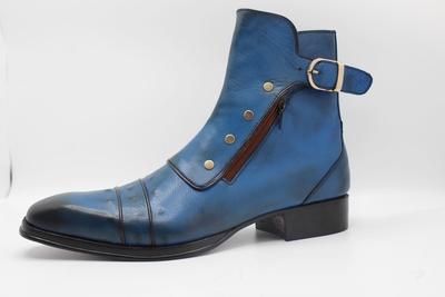 Crafted Leather Classic Dress Shoes Blue Leather Buckle Boot with Zipper and Button