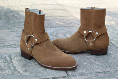 Crafted Leather Classic Dress Shoes Handmade Men Tan Suede Leather Harness Zip Jodhpur Boots with Cuban Heel