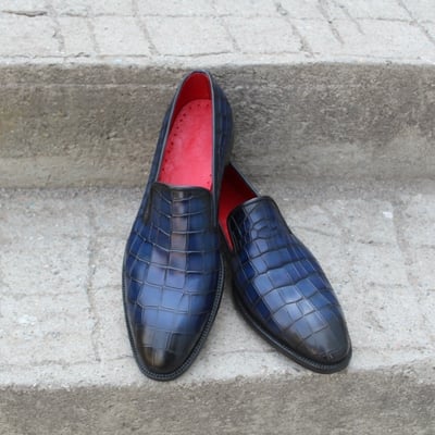 Crafted leather classic blue loafers crocodile/alligator moccasin dress shoes - Thumbnail 4
