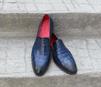 Crafted Leather Classic Blue Loafers Crocodile/Alligator Moccasin Dress Shoes
