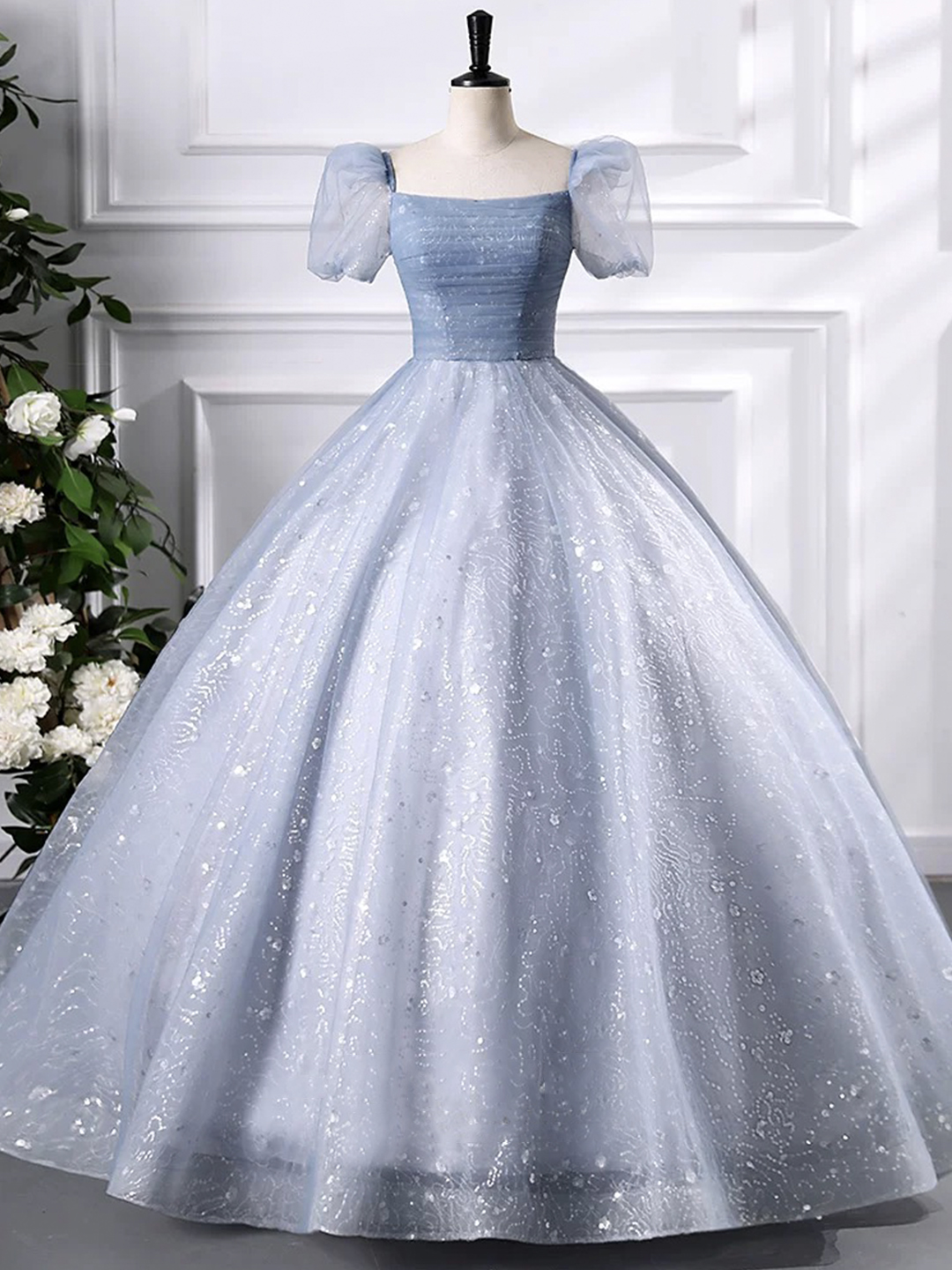 A-Line Blue Tulle Sequins Floor Length Prom Dress, Beautiful Short Sleeve Evening Party Dress