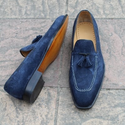Crafted leather classic blue suede leather tassel loafers dress shoes - Thumbnail 2