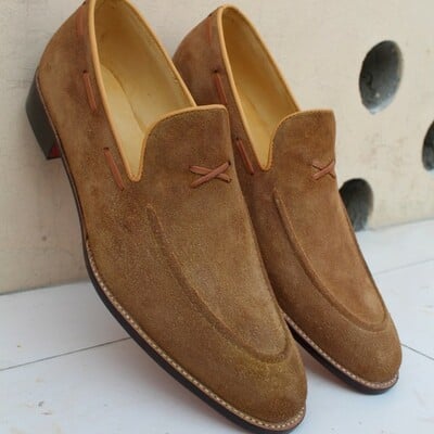 Handmade men's genuine camel suede slip on loafers moccasin formal dress shoes - Thumbnail 5