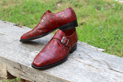 Crafted Leather Classic Red Crocodile/Alligator Monk Strap Dress Shoes