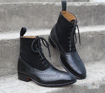 Crafted Leather Handmade Black Calf Suede Leather Classic Ankle High Lace up Wingtip Boot