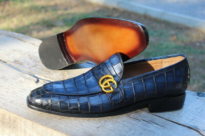 Crafted Leather Blue Genuine Embossed Crocodile Texture Leather Loafers Dress Shoes