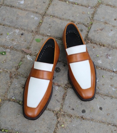 Crafted Leather Classic Brown White Leather Moccasin Loafers Formal Dress Shoes