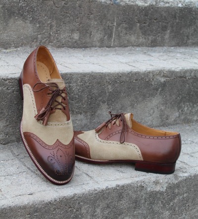 Crafted Leather Handmade Brown Leather Beige Suede Ghillie Lacing Wingtip Oxford Dress Shoes