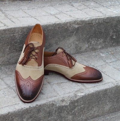 Handmade Men Brown Beige Ghillie Lacing Classic Wingtip Oxford Dress Shoes