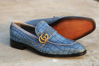 Crafted Leather Elegant and Classic Blue Crocodile/Alligator Loafers Dress Shoes