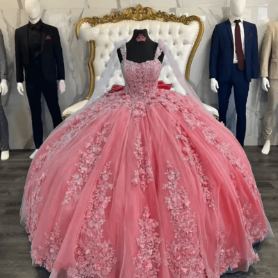 Elegant Watermelon Red Quinceanera Dresses Ball Gowns Applique Long Sleeve Prom Dress Sweet 15