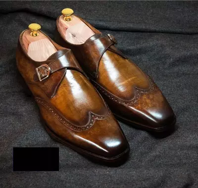 New Handmade Men's Single Monk Brown Leather Wingtip Buckle Formal Dress Shoes